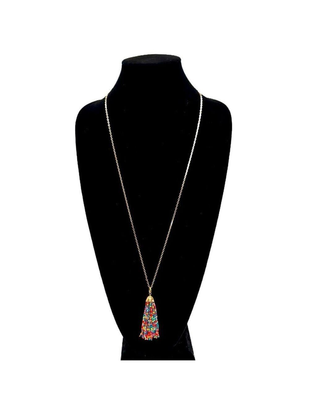 Talbots Gold Tone Multicolor Beaded Tassel Pendant Necklace